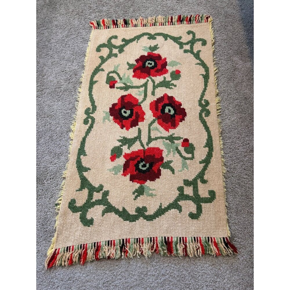 Vtg Floral Poppy Design Woven Textile Tapestry Rug Carpet Handmade 40" x 23"